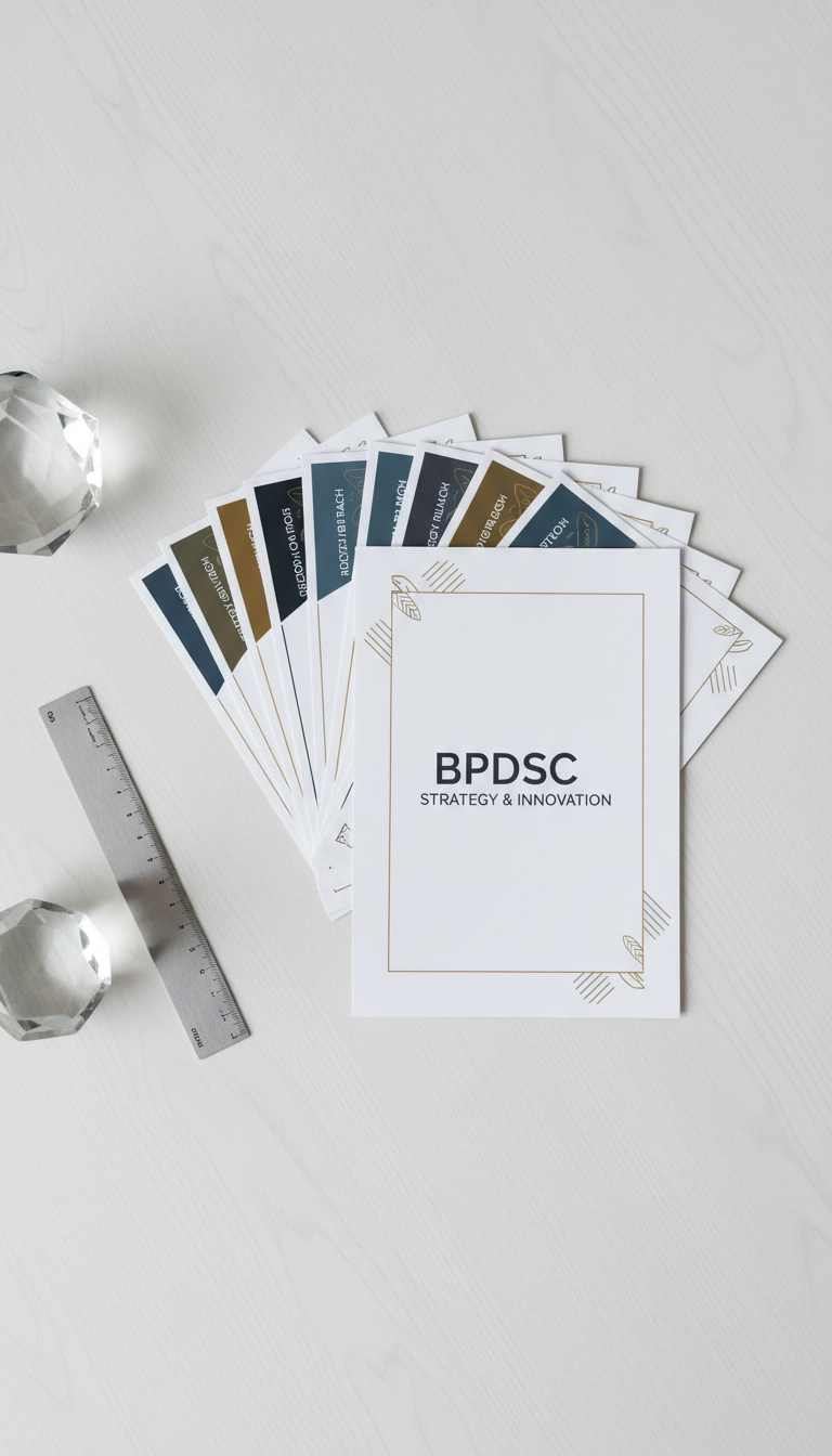 A collection of freshly printed, high-quality marketing flyers, each boasting clean typography and understated, elegant graphics on premium paper with a smooth, satin finish. The flyers are arranged in a fan shape atop a modern, white oak desk, accented with minimalist office supplies such as a metallic ruler and a geometric paperweight. Overhead studio lighting creates a soft, even illumination across the surfaces, enhancing the texture and vibrancy of the print without harsh reflections. The atmosphere is focused and inspiring, conveying the promise of effective business communication. Shot from a top-down, bird’s eye perspective, this image features balanced, structured composition and a photographic, corporate style that aligns with BPDSC’s professional branding.